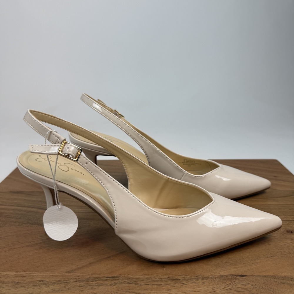 New Womens Jessica Simpson Fozelle Ivory Faux Patent Slingback Pumps Size 8.5 M